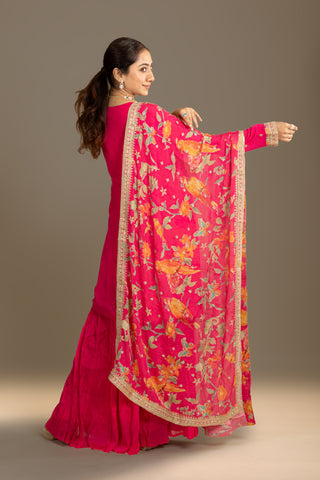 Festive Fuchsia Kurta Set with Floral Printed Dupatta
