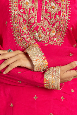 Festive Fuchsia Kurta Set with Floral Printed Dupatta