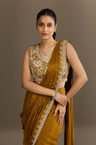 Antique Gold Drape Saree with Hand Embroidered Blouse