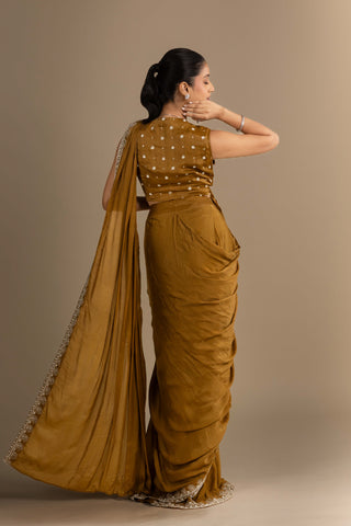 Antique Gold Drape Saree with Hand Embroidered Blouse