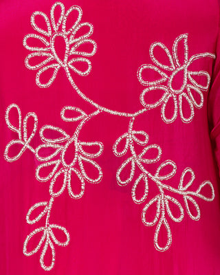 Vibrant Fuchsia Drape Skirt Set with Intricate Thread Embroidery