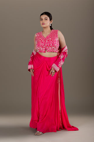 Vibrant Fuchsia Drape Skirt Set with Intricate Thread Embroidery