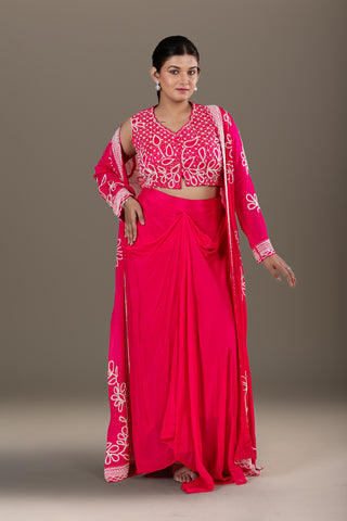 Vibrant Fuchsia Drape Skirt Set with Intricate Thread Embroidery