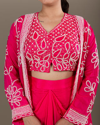 Vibrant Fuchsia Drape Skirt Set with Intricate Thread Embroidery