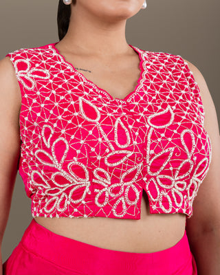 Vibrant Fuchsia Drape Skirt Set with Intricate Thread Embroidery