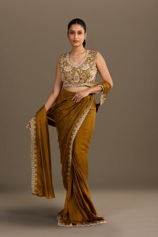 Antique Gold Drape Saree with Hand Embroidered Blouse