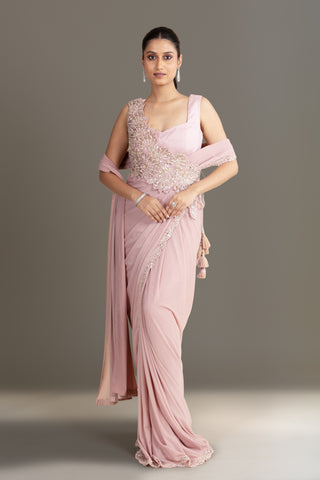 Dusty Rose Embroidered Pre-Draped Saree