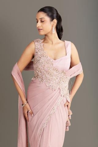 Dusty Rose Embroidered Pre-Draped Saree