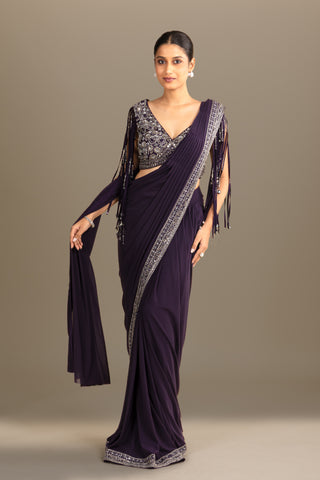 Midnight Fringe Embroidered Pre-Draped Saree Set