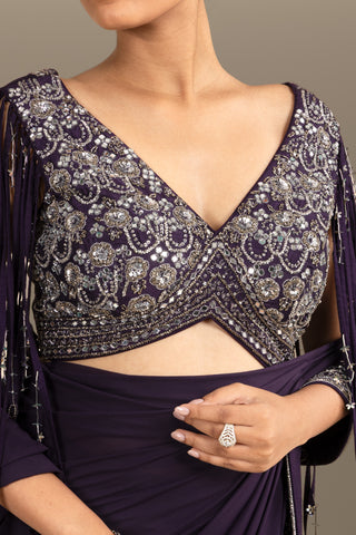 Midnight Fringe Embroidered Pre-Draped Saree Set