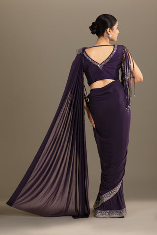 Midnight Fringe Embroidered Pre-Draped Saree Set