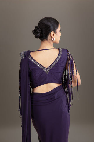 Midnight Fringe Embroidered Pre-Draped Saree Set