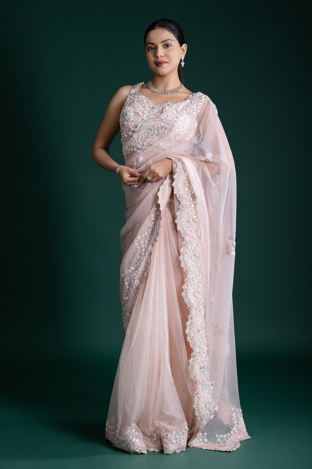 Soft Blush Pink Net Saree – Snusha