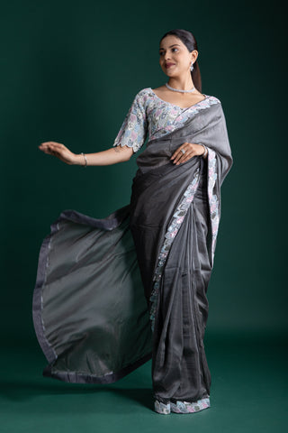 Charcoal Grey Satin Saree