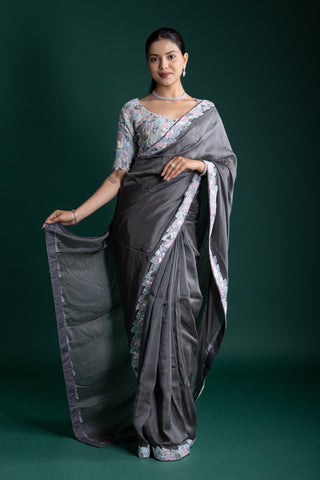 Charcoal Grey Satin Saree