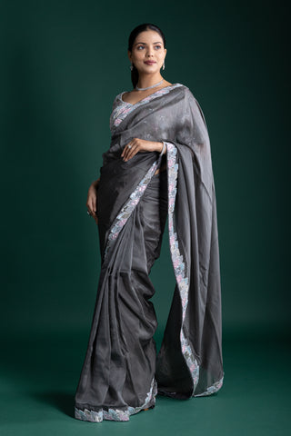 Charcoal Grey Satin Saree
