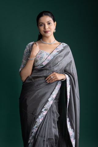 Charcoal Grey Satin Saree