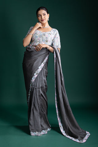 Charcoal Grey Satin Saree