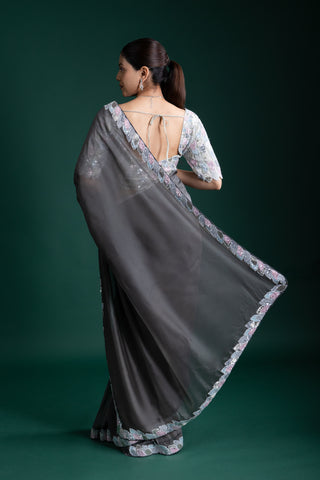 Charcoal Grey Satin Saree