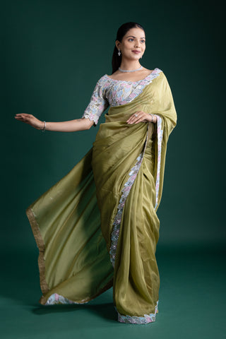 Moss Sequin Green Silk Saree