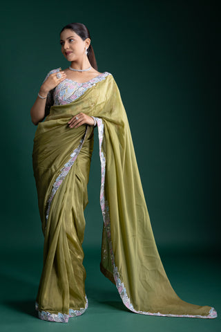 Moss Sequin Green Silk Saree