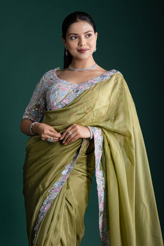 Moss Sequin Green Silk Saree