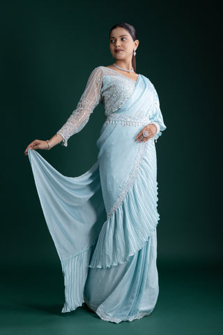 Crystal Mist Blue Saree with Delicate Beadwork Detailing