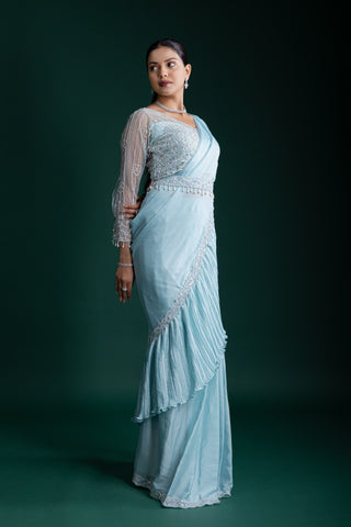 Crystal Mist Blue Saree with Delicate Beadwork Detailing