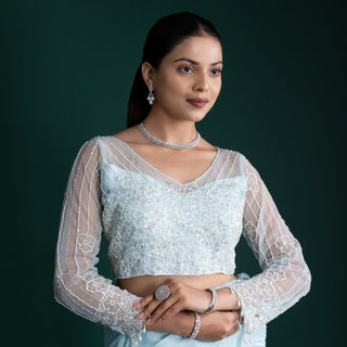 Crystal Mist Blue Saree with Delicate Beadwork Detailing