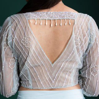 Crystal Mist Blue Saree with Delicate Beadwork Detailing