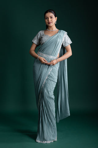 Sage Mint Glow Pleated Saree with Embroidered Borders