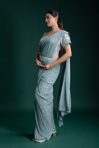 Sage Mint Glow Pleated Saree with Embroidered Borders