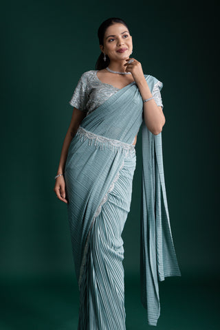 Sage Mint Glow Pleated Saree with Embroidered Borders