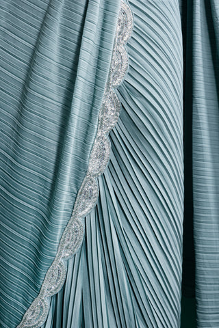 Sage Mint Glow Pleated Saree with Embroidered Borders