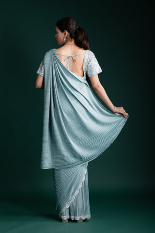 Sage Mint Glow Pleated Saree with Embroidered Borders