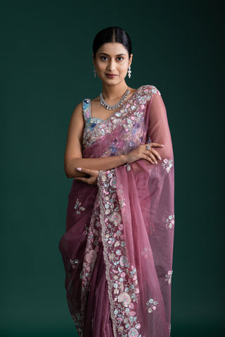 Blush Petal Pink Floral Embroidered Saree