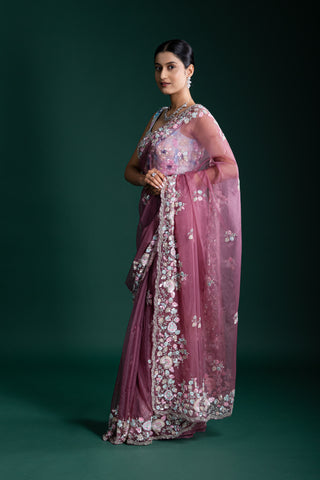 Blush Petal Pink Floral Embroidered Saree