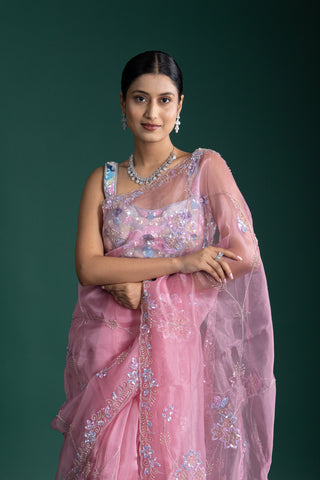 Elegant Ethereal Amethyst Bloom Organza Saree