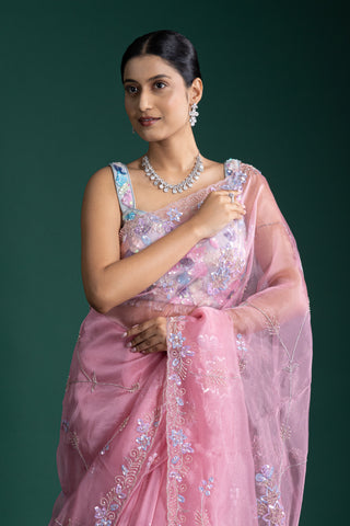Elegant Ethereal Amethyst Bloom Organza Saree