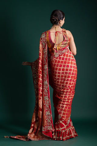 Fiery Scarlet Bandhani Saree with Luxurious Gota Patti Detailing