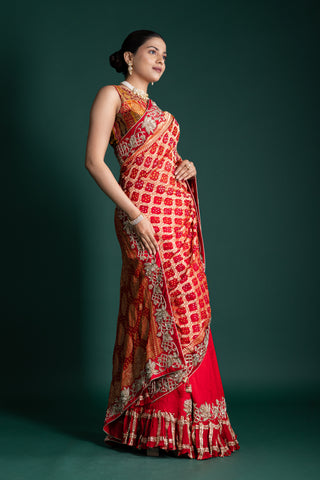 Fiery Scarlet Bandhani Saree with Luxurious Gota Patti Detailing