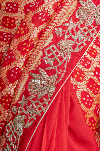 Fiery Scarlet Bandhani Saree with Luxurious Gota Patti Detailing