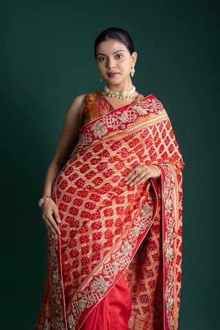 Fiery Scarlet Bandhani Saree with Luxurious Gota Patti Detailing