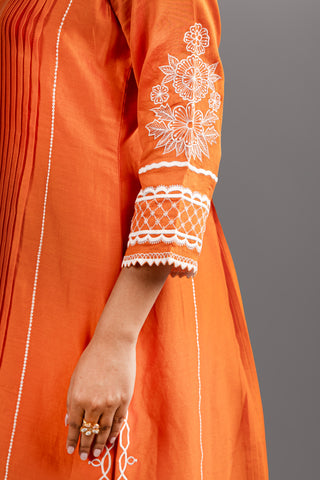 Burnt Orange Kurta Set with Pintucks Details and White Floral Embroidery