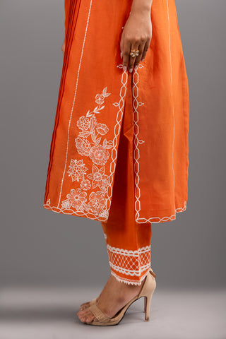 Burnt Orange Kurta Set with Pintucks Details and White Floral Embroidery