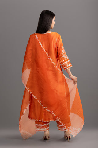 Burnt Orange Kurta Set with Pintucks Details and White Floral Embroidery