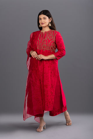Red Traditional Motif Kurta Set