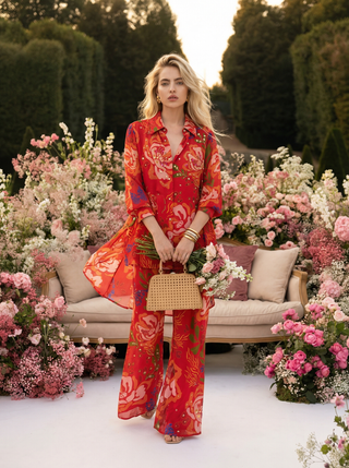 Scarlet Bloom Printed Co-Ord Set with Flowy Overlay