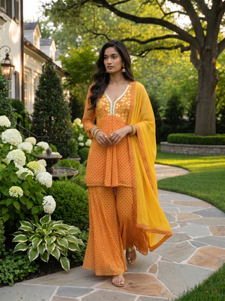 Yellow short kurti with sharara pants